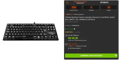 Teclado Mecânico Gamer Gamdias Hermes E2 Led White, Switch Blue, ABNT2, TKL, HERMES E2 BR-BLUE