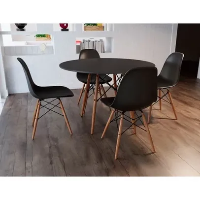 Conjunto De Mesa De Jantar Eames Eiffel Redonda 90cm Tampo De Madeira Preto Com 4 Cadeiras Pretas PR