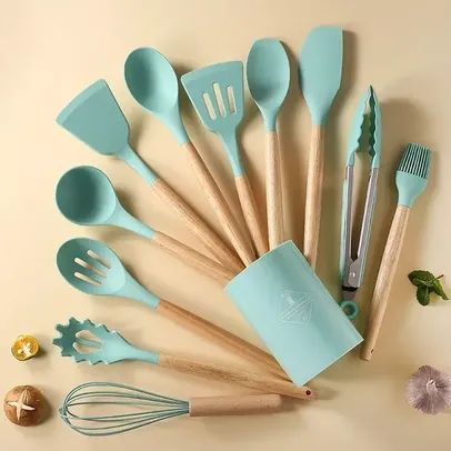 [Primeira Compra/Imposto Incluso] Kit 12 Utensílios De Cozinha Em Silicone E Cabo De Madeira, com Copo