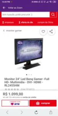 Monitor 24" Led Benq Gamer -Full HD- Multimidia - DVI- HDMI - RL2455HM