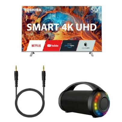 [AME R$1850,80] Combo Sound - Tela Toshiba 4K 50 Pol Smart Vidaa, Caixa de Som Bazooka 70W e Cabo P2 de 1,2mt Preto – SP6001K