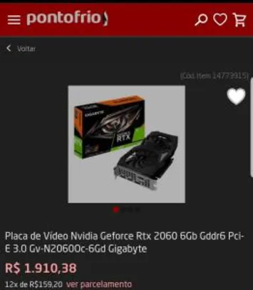 Placa de Vídeo Nvidia Geforce RTX 2060 GIGABYTE 6gb | R$ 1.910