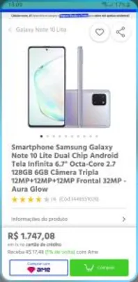 Smartphone Samsung Galaxy Note 10 Lite 128GB | R$1747
