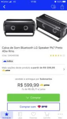 Caixa de som Bluetooth speaker LG PK7 preto 40W RMS - R$599