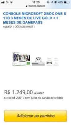 CONSOLE MICROSOFT XBOX ONE S 1TB 3 MESES DE LIVE GOLD + 3 MESES DE GAMEPASS por R$ 1250