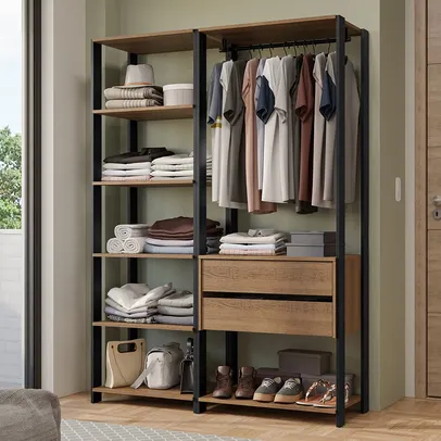 Guarda-Roupa Closet Modulado Valencia 2 Gavetas 129cm Rustic/Preto Madesa