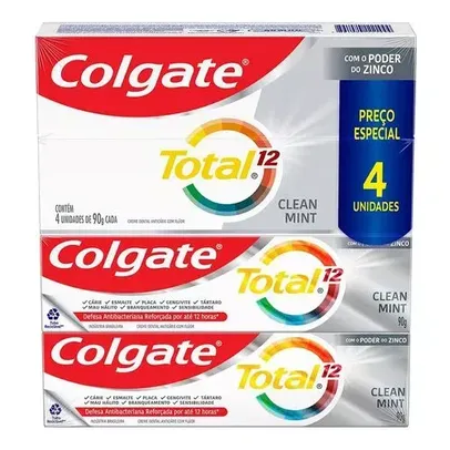 (2 pack sai 4,50 cada unidade 90gr) Creme Dental Colgate Total 12 Clean Mint 90g 4 Unidades