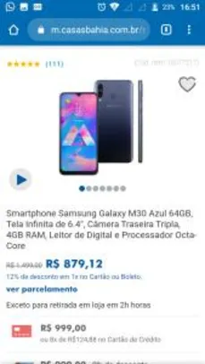Smartphone Samsung Galaxy M30 Azul 64GB - R$879