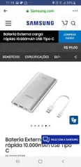 Bateria Externa carga rápida 10.000mAh USB Tipo C | R$129