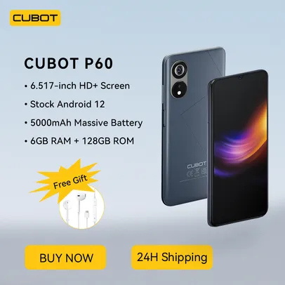 Cubot p60, smartphone android 2022, 6gb + 128gb (256gb estendido), octa-core, 6.517 ", câmera 20mp, 