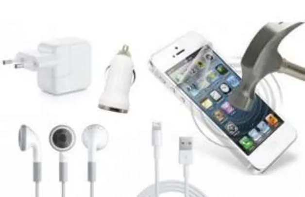 [Peixe Urbano] Kit para I Phone 4,5 e 6 Carregador 3 em 1, Fone de Ouvido e Película protetora 