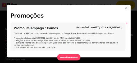 Bitz: Cashback de R$10 para compras de R$30 do cupom do Google Play e Razer Gold, ou R$32 Steam