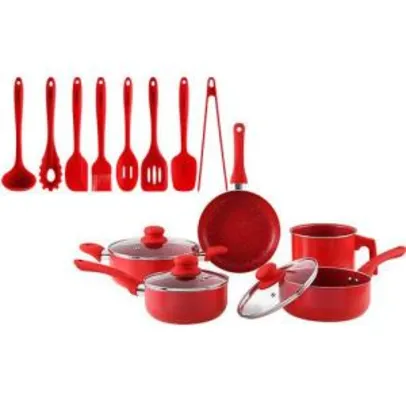 Conjunto de Panelas Everyday Vermelho 5 Peças + Conjunto De Utensílios de silicone 8 peças Vermelho La Cuisine | R$146