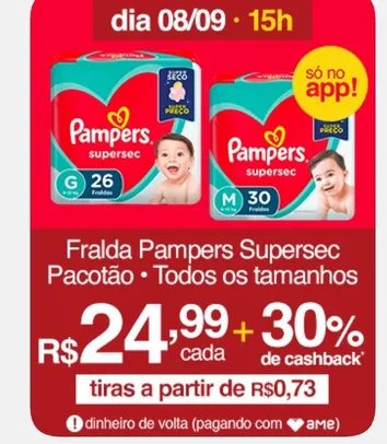 (APP/AME R$15) Fraldas Pampers Supersec Pacotão - Todos os Tamanhos