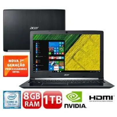 Notebook Acer Core i5-7200U 8GB 1TB Placa Gráfica 2GB Tela 15.6” Windows 10 Aspire A515-51G-58VH - R$2248,20