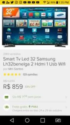 Smart Tv LED 32 Samsung Lh32Benelga 2Hdmi 1Usb Wifi | R$859