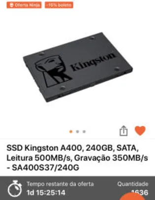 SSD Kingstom 240GB - 500MB/s leitura, 350MB/s gravação | R$299
