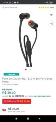 Fone de Ouvido JBL T110 In Ear Pure Bass Preto | R$39