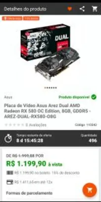 Placa de vídeo RX 580 8GB | R$1.200