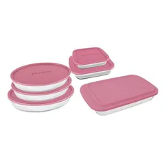 [Ame SC 52] Conjunto de Assadeiras de Vidro com Tampa Marinex 6 Peças - Rosa