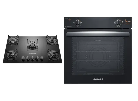 Kit Cooktop 5 Bocas Continental a Gás de Vidro Temperado Preto + Forno de Embutir a Gás Continental 80L com TOP Limpa Fácil (KC5GP+OC8GM) - 220V