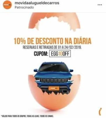 10% OFF na Diária de Aluguel de Carros na Movida
