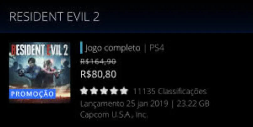 RESIDENT EVIL 2 PS4 - R$81