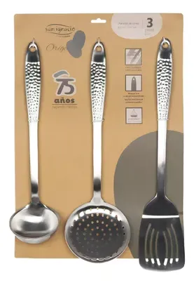 Kit C/ 3 Peças De Utensílios Cozinha Em Aço Inox Prata