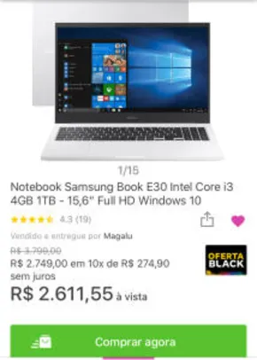 Notebook Samsung Book E30 Intel Core i3 | R$ 2612