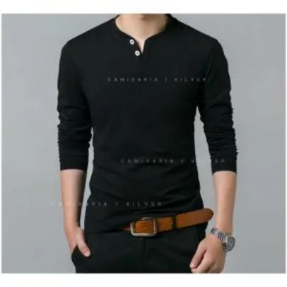 Camiseta Henley Slim Fit Manga Longa Gola Redonda 2 Botões - 3 Cores Branca M - R$10