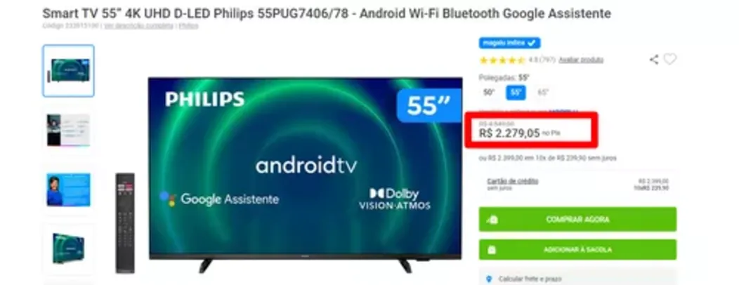 Smart TV 55” 4K UHD D-LED Philips 55PUG7406/78 - Android Wi-Fi Bluetooth Google Assistente 