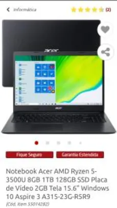 Notebook Acer AMD Ryzen 5-3500U 8GB 1TB 128GB SSD Placa de Vídeo 2GB Tela 15.6” R$3799