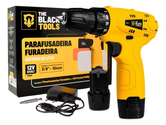 Parafusadeira Furadeira The Black Tools TB12A 3/8 Bivolt a Bateria 12v Cor Amarelo Frequência 60Hz