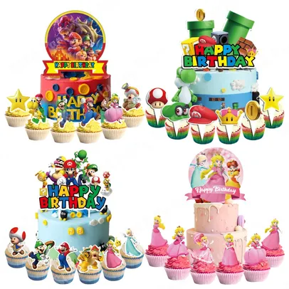 25 pçs/set super mario bolo toppers dos desenhos animados bros cupcake topper para crianças festa de aniversário decorações do bolo