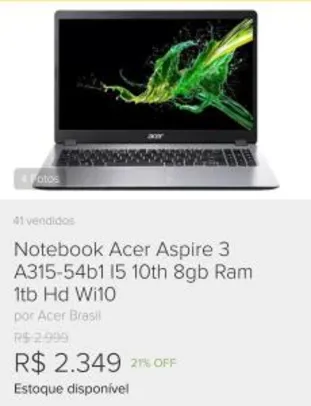 Notebook Acer Aspire 3 A315-54b1 I5 10th 8gb Ram 1tb Hd Wi10 | R$2349