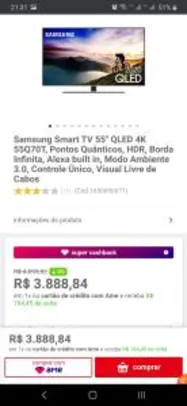 Samsung Smart TV 55" QLED 4K 55Q70T | R$3888