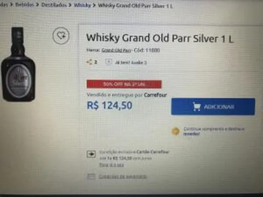 2 unidade com 50% OFF| Whisky Grand Old Parr Silver 1 L | R$125