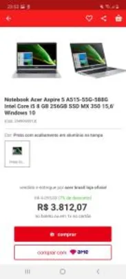 Acer Aspire 5 - i5 10th 8gb Ram 256gb ssd mx350 fhd - R$3431