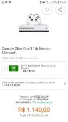 Console Xbox One S 1tb Branco - Microsoft R$ 1140