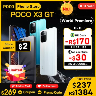 (11.11) Smartphone Poco X3 GT Versão global modelos a partir 8gb/128gb