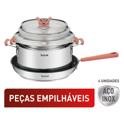 Jogo de Panelas 4 Peças Tefal Opti&apos;space em Inox com Fundo Triplo