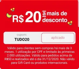 R$20 OFF em pedidos acima de R$50 | Americanas