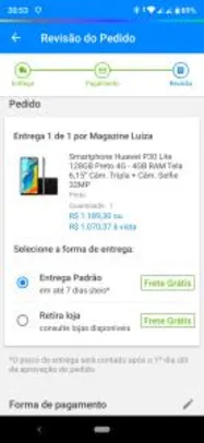 Smartphone Huawei P30 Lite 128GB Preto 4G R$1070