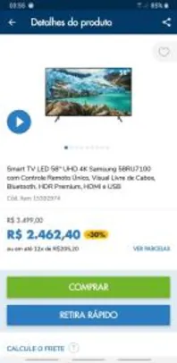 Smart TV LED 58" UHD 4K Samsung 58RU7100 com Controle Remoto Único