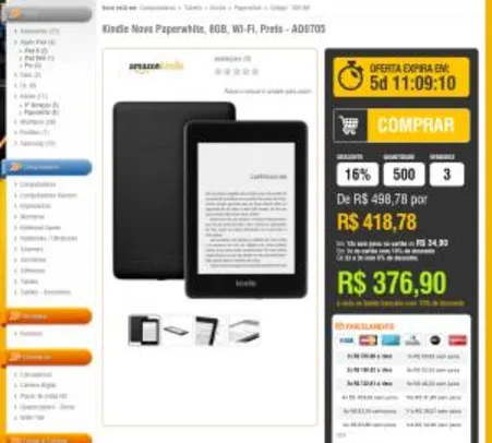 Kindle Novo Paperwhite, 8GB, Wi-Fi, Preto - AO0705 - R$ 377