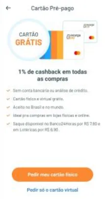 Cartão Pré Pago RecargaPay com 1% de cashback em todas as compras