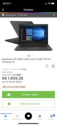 (MAGALU-CLIENTE OURO) Notebook HP 246G7 Intel Core i3 4GB 1TB 14” | R$1859