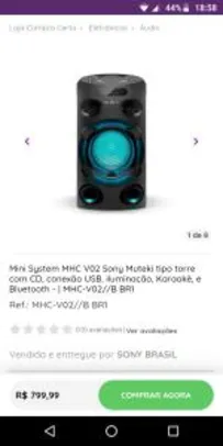 Mini System MHC V02 Sony Muteki tipo torre com CD, conexão USB, iluminação, Karaokê, e Bluetooth - | MHC-V02//B BR1 - R$800
