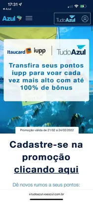 [Iupp Itaú] transfira seus pontos para azul com até 100% de bônus