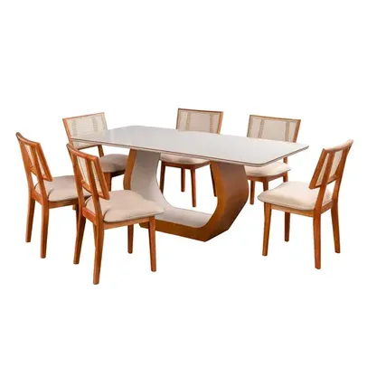 Conjunto Mesa Cristal com 6 cadeiras de Madeira Maciça